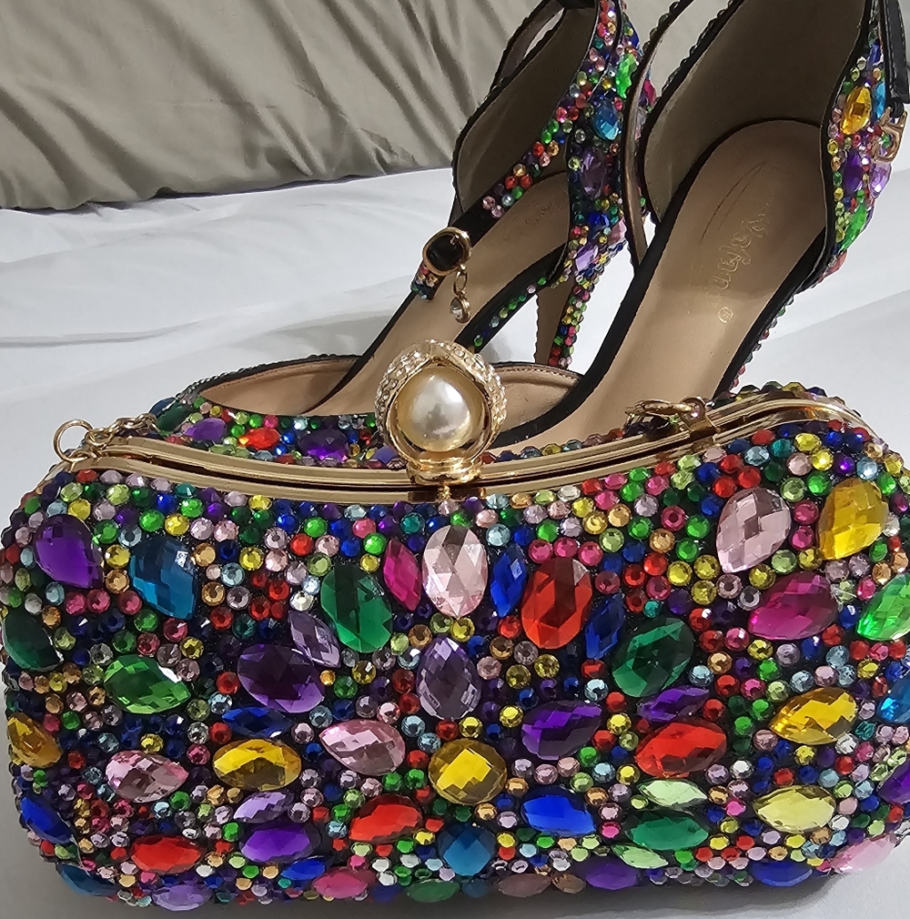 Xappeal Multicolor Rhinestone Stiletto Heels Size 11 MATCHING PURSE 3Inch Heel